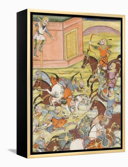 Shahnameh de Ferdowsi ou le Livre des Rois. Sam décoche une flèche à un arche automate-null-Framed Premier Image Canvas