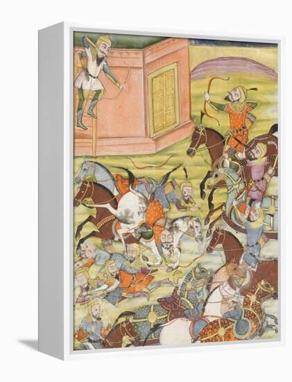 Shahnameh de Ferdowsi ou le Livre des Rois. Sam décoche une flèche à un arche automate-null-Framed Premier Image Canvas