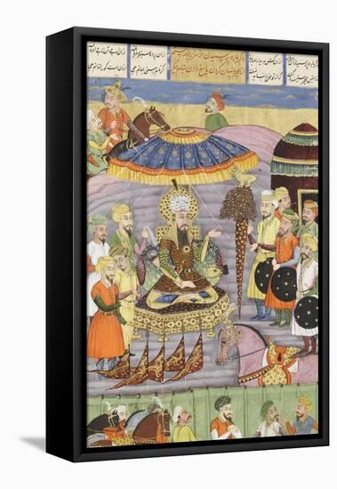 Shahnameh de Ferdowsi ou le Livre des Rois. Sohrab regarde à nouveau la tente de Roustam.-null-Framed Premier Image Canvas
