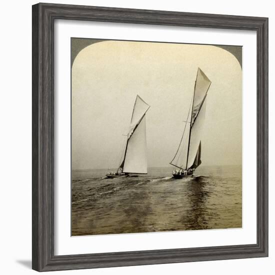 Shamrock I and Shamrock III in a Trial Race Off Sandy Hook, USA-Underwood & Underwood-Framed Photographic Print