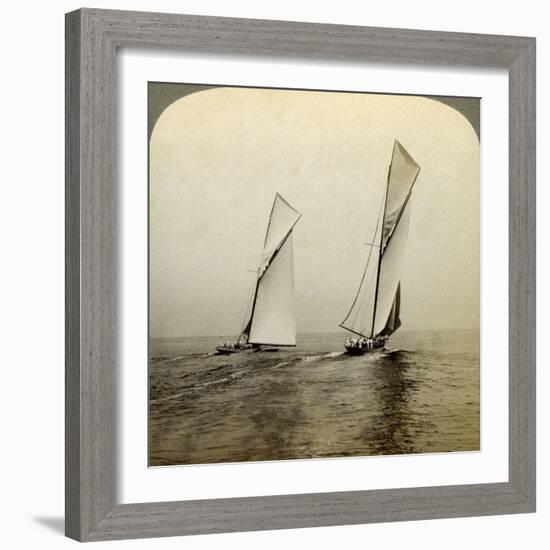 Shamrock I and Shamrock III in a Trial Race Off Sandy Hook, USA-Underwood & Underwood-Framed Photographic Print