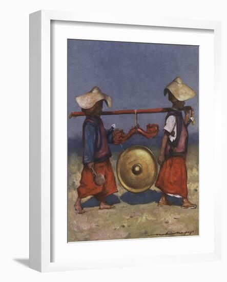 Shan servants carrying a brass gong - early 20th century-Mortimer Ludington Menpes-Framed Giclee Print