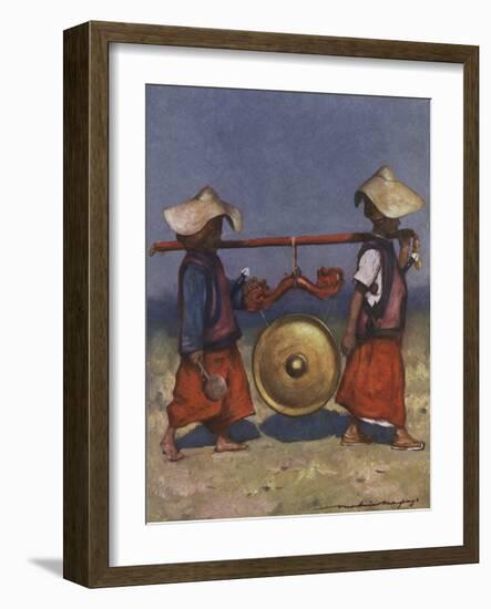 Shan servants carrying a brass gong - early 20th century-Mortimer Ludington Menpes-Framed Premium Giclee Print