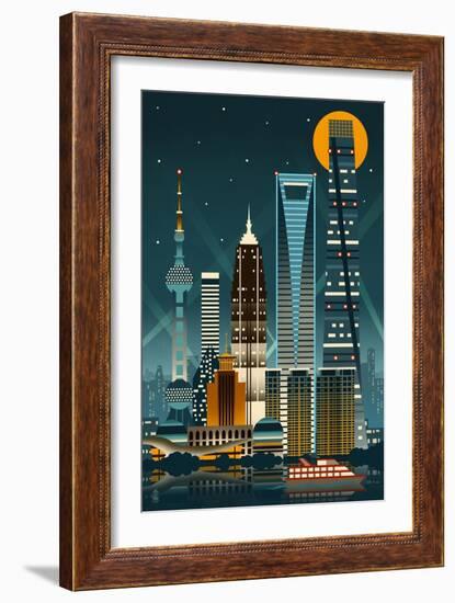 Shanghai, China - Retro Skyline (no text)-Lantern Press-Framed Art Print