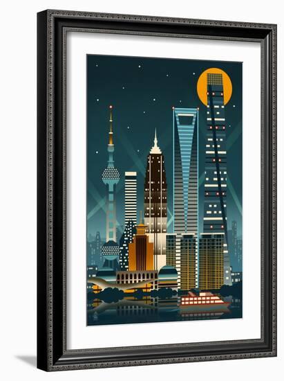 Shanghai, China - Retro Skyline (no text)-Lantern Press-Framed Art Print