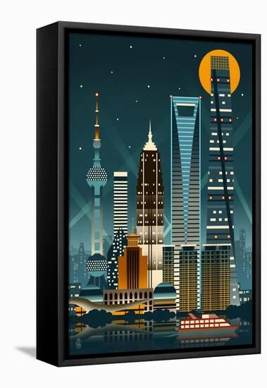 Shanghai, China - Retro Skyline (no text)-Lantern Press-Framed Stretched Canvas