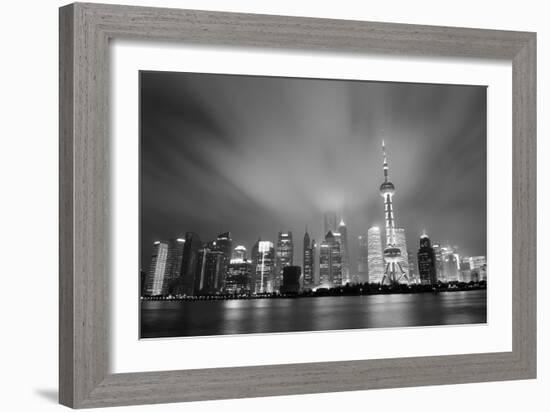 Shanghai Skyline At Night In Black And White-Songquan Deng-Framed Art Print