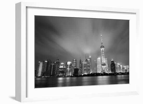 Shanghai Skyline At Night In Black And White-Songquan Deng-Framed Art Print