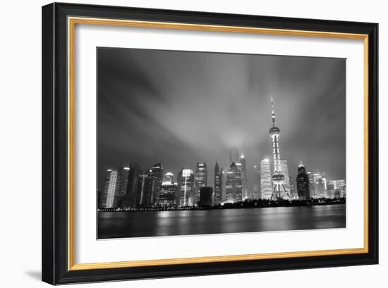 Shanghai Skyline At Night In Black And White-Songquan Deng-Framed Art Print