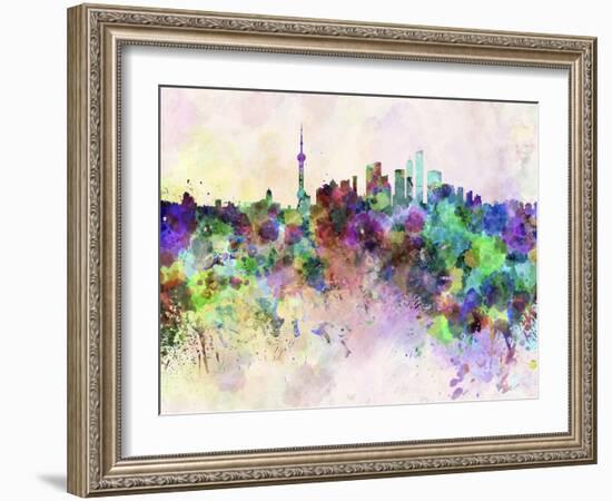 Shanghai Skyline in Watercolor Background-paulrommer-Framed Art Print