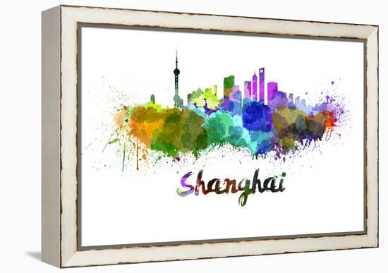 Shanghai Skyline in Watercolor-paulrommer-Framed Stretched Canvas