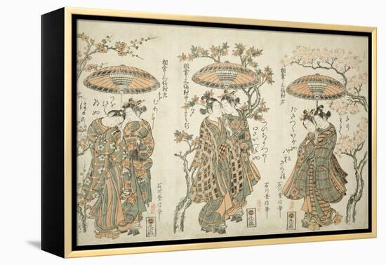 Sharing an Umbrella - A Set of Three , c.1755-Ishikawa Toyonobu-Framed Premier Image Canvas