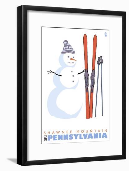 Shawnee Mountain, Pennsylvania, Snowman with Skis-Lantern Press-Framed Art Print