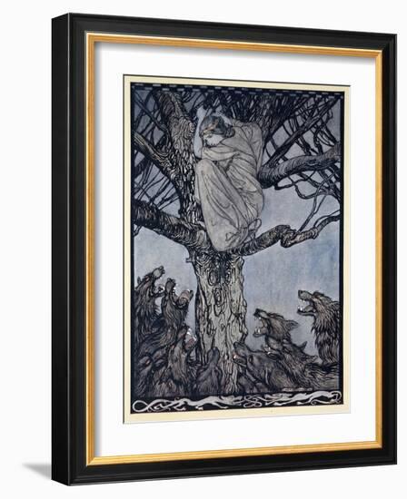She Looked with Angry Woe at the Straining and Snarling Horde Below-Arthur Rackham-Framed Giclee Print
