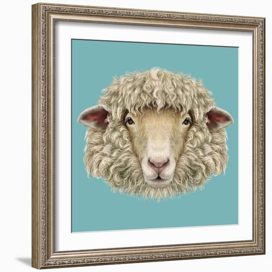 Sheep Portrait. Illustrated Portrait of Ram or Sheep on Blue Background.-ant_art-Framed Art Print