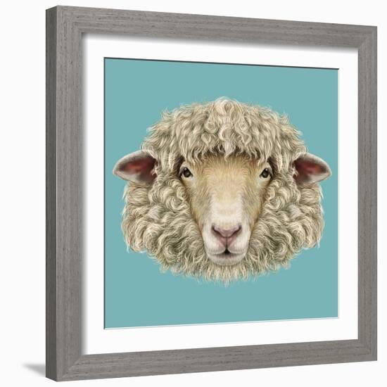 Sheep Portrait. Illustrated Portrait of Ram or Sheep on Blue Background.-ant_art-Framed Art Print