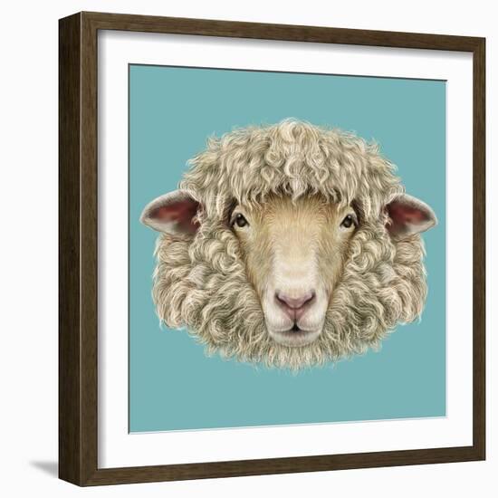 Sheep Portrait. Illustrated Portrait of Ram or Sheep on Blue Background.-ant_art-Framed Art Print