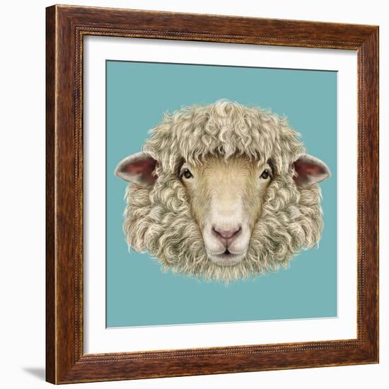 Sheep Portrait. Illustrated Portrait of Ram or Sheep on Blue Background.-ant_art-Framed Art Print