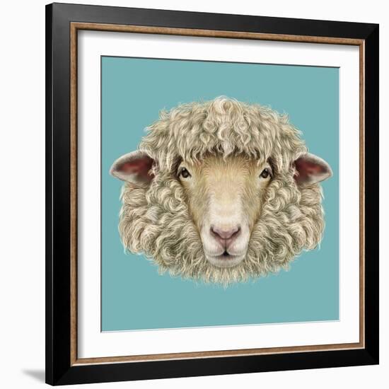 Sheep Portrait. Illustrated Portrait of Ram or Sheep on Blue Background.-ant_art-Framed Art Print