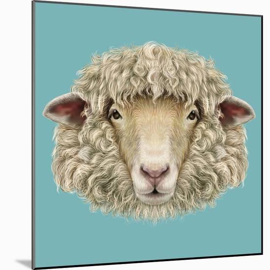 Sheep Portrait. Illustrated Portrait of Ram or Sheep on Blue Background.-ant_art-Mounted Art Print