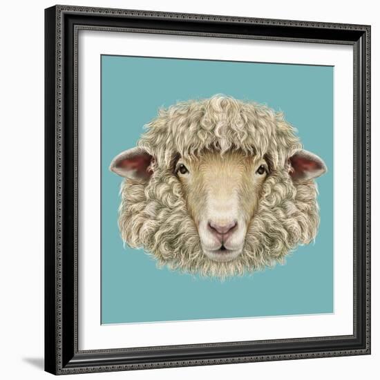 Sheep Portrait. Illustrated Portrait of Ram or Sheep on Blue Background.-ant_art-Framed Art Print