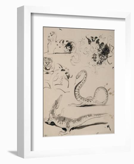 Sheet of Studies: Cat, Crocodile, Snake, Decorative-Eugene Delacroix-Framed Giclee Print