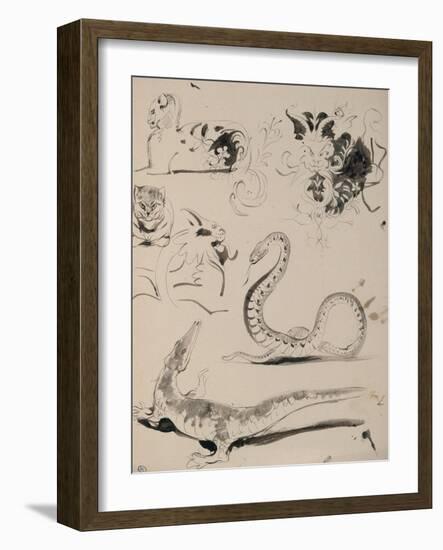 Sheet of Studies: Cat, Crocodile, Snake, Decorative-Eugene Delacroix-Framed Giclee Print