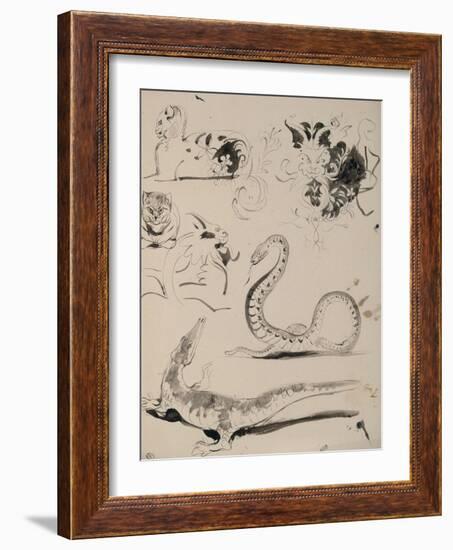 Sheet of Studies: Cat, Crocodile, Snake, Decorative-Eugene Delacroix-Framed Giclee Print