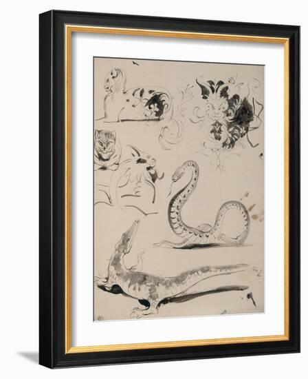 Sheet of Studies: Cat, Crocodile, Snake, Decorative-Eugene Delacroix-Framed Giclee Print