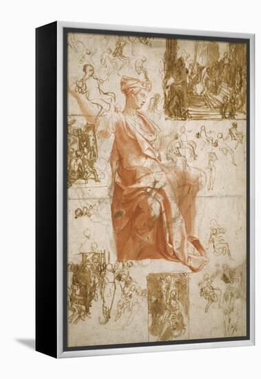 Sheet of Studies for the Blinding of Elymas, Sacrifice at Lystra, and a Holy Family, C.1558-Taddeo Zuccaro-Framed Premier Image Canvas