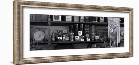 Shelf of old general store in historic Chippewa City, Cook County, Minnesota, USA-null-Framed Photographic Print