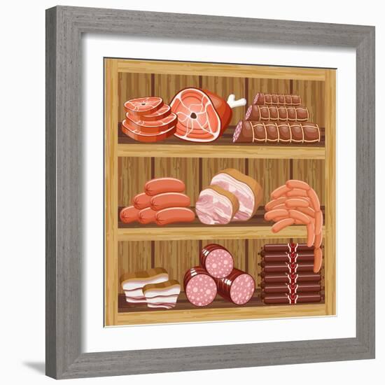 Shelfs with Meat Products. Meat Market.-gurZZZa-Framed Art Print