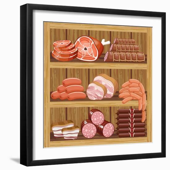 Shelfs with Meat Products. Meat Market.-gurZZZa-Framed Art Print