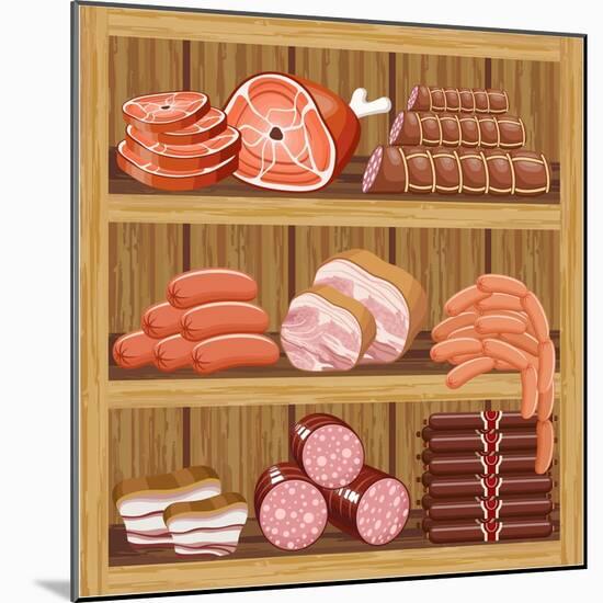 Shelfs with Meat Products. Meat Market.-gurZZZa-Mounted Art Print