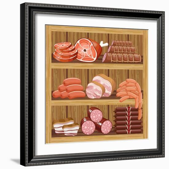 Shelfs with Meat Products. Meat Market.-gurZZZa-Framed Art Print