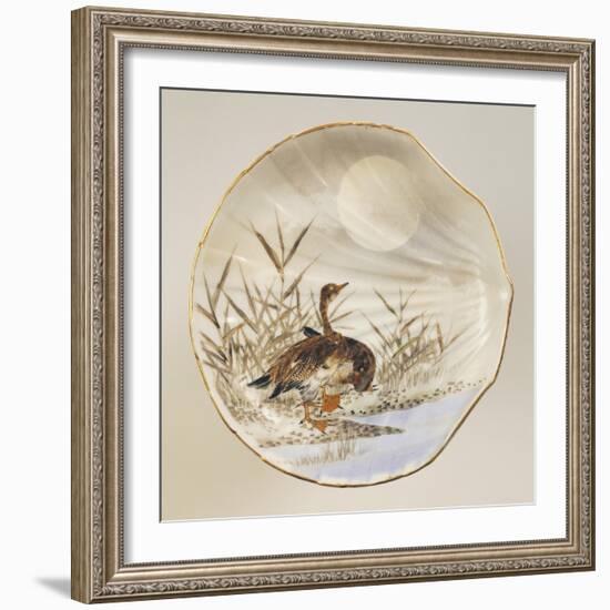 Shell Shaped Plate Decorated with Birds and Landscape, Porcelain-null-Framed Giclee Print