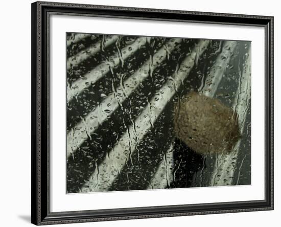 Sheltering Under an Umbrella as He Walks Along a Street During a Rain Storm in Central Athens-null-Framed Photographic Print