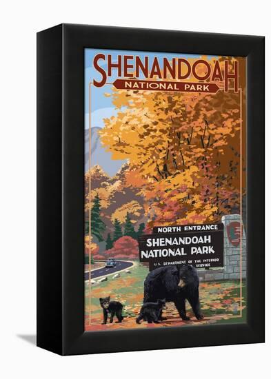 Shenandoah National Park, Virginia - Black Bear and Cubs at Entrance-Lantern Press-Framed Stretched Canvas