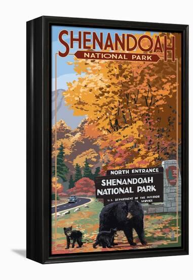 Shenandoah National Park, Virginia - Black Bear and Cubs at Entrance-Lantern Press-Framed Stretched Canvas