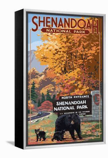 Shenandoah National Park, Virginia - Black Bear and Cubs at Entrance-Lantern Press-Framed Stretched Canvas