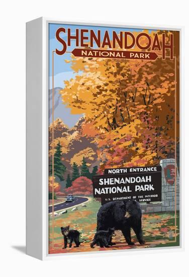 Shenandoah National Park, Virginia - Black Bear and Cubs at Entrance-Lantern Press-Framed Stretched Canvas