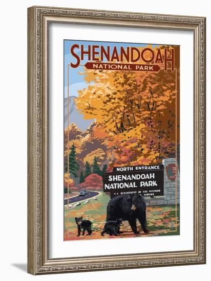 Shenandoah National Park, Virginia - Black Bear and Cubs at Entrance-Lantern Press-Framed Art Print