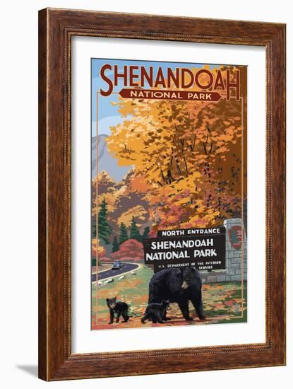 Shenandoah National Park, Virginia - Black Bear and Cubs at Entrance-Lantern Press-Framed Art Print