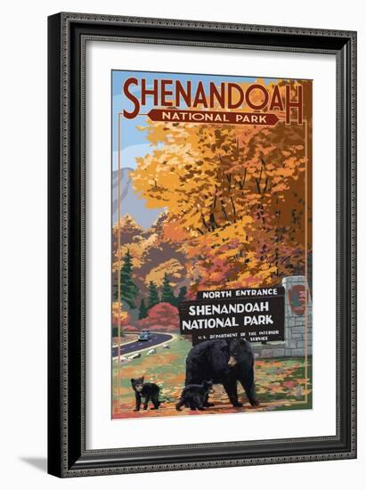 Shenandoah National Park, Virginia - Black Bear and Cubs at Entrance-Lantern Press-Framed Art Print