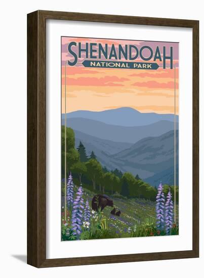 Shenandoah National Park, Virginia - Black Bear and Cubs Spring Flowers-Lantern Press-Framed Premium Giclee Print