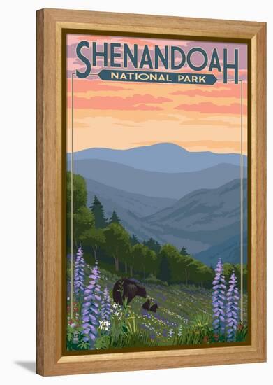 Shenandoah National Park, Virginia - Black Bear and Cubs Spring Flowers-Lantern Press-Framed Stretched Canvas