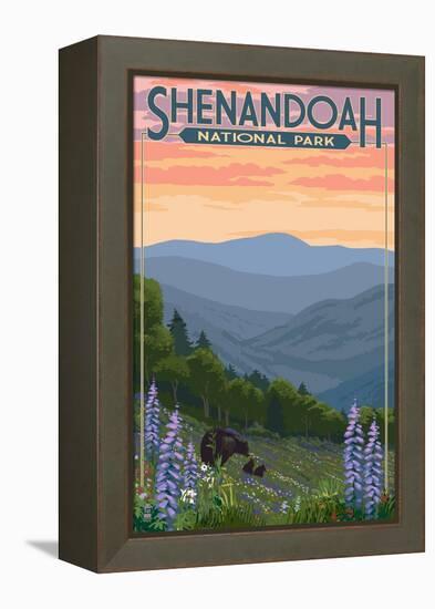 Shenandoah National Park, Virginia - Black Bear and Cubs Spring Flowers-Lantern Press-Framed Stretched Canvas