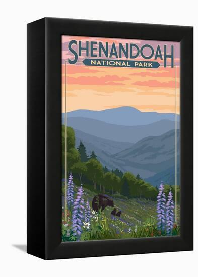 Shenandoah National Park, Virginia - Black Bear and Cubs Spring Flowers-Lantern Press-Framed Stretched Canvas