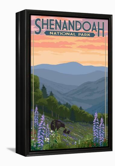 Shenandoah National Park, Virginia - Black Bear and Cubs Spring Flowers-Lantern Press-Framed Stretched Canvas