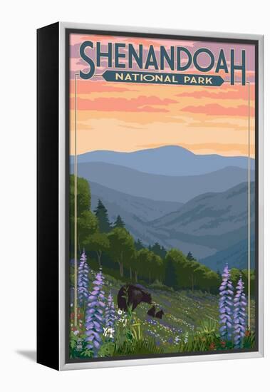 Shenandoah National Park, Virginia - Black Bear and Cubs Spring Flowers-Lantern Press-Framed Stretched Canvas